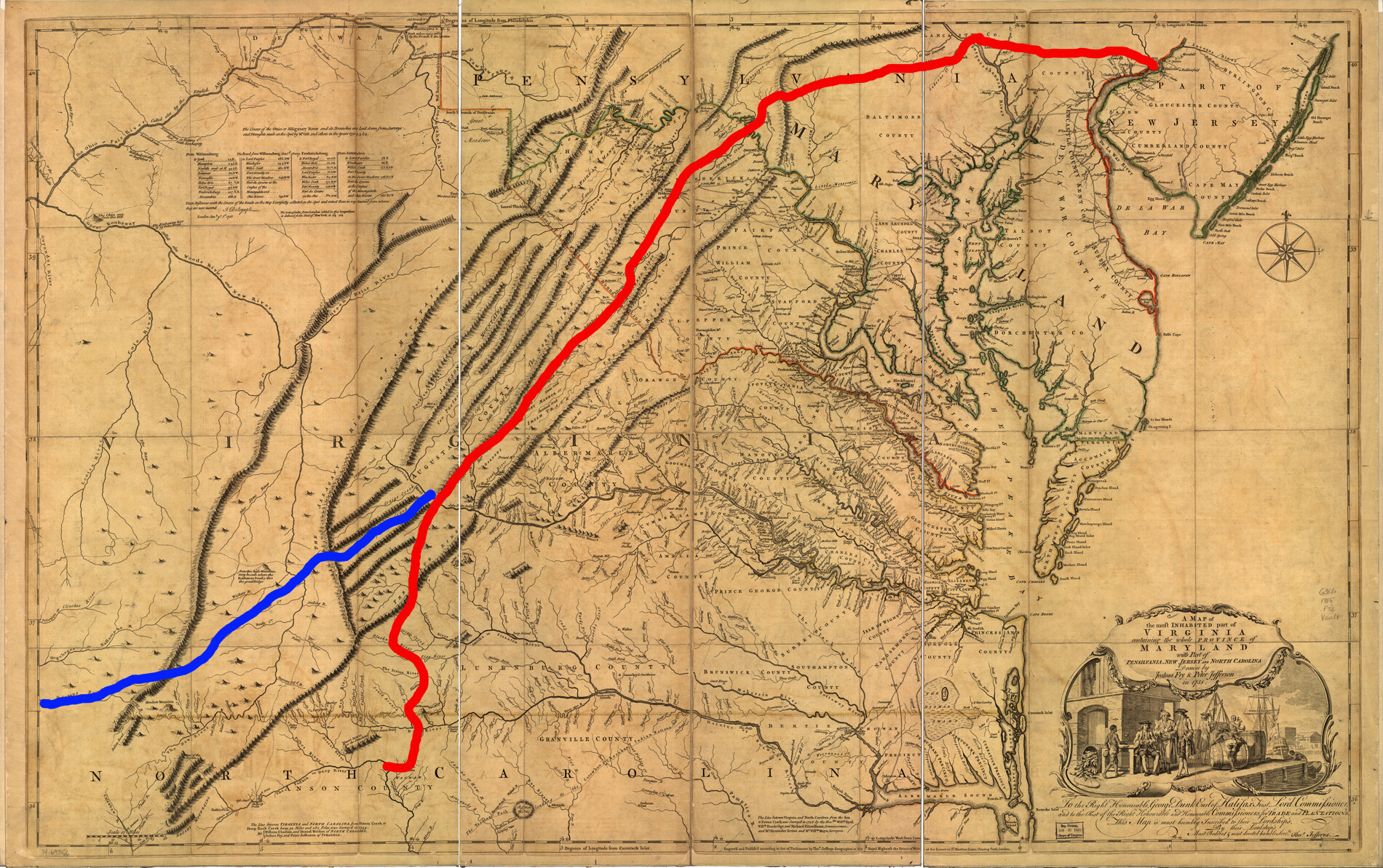 Fry & Jefferson Map from 1751 showing great wagon road