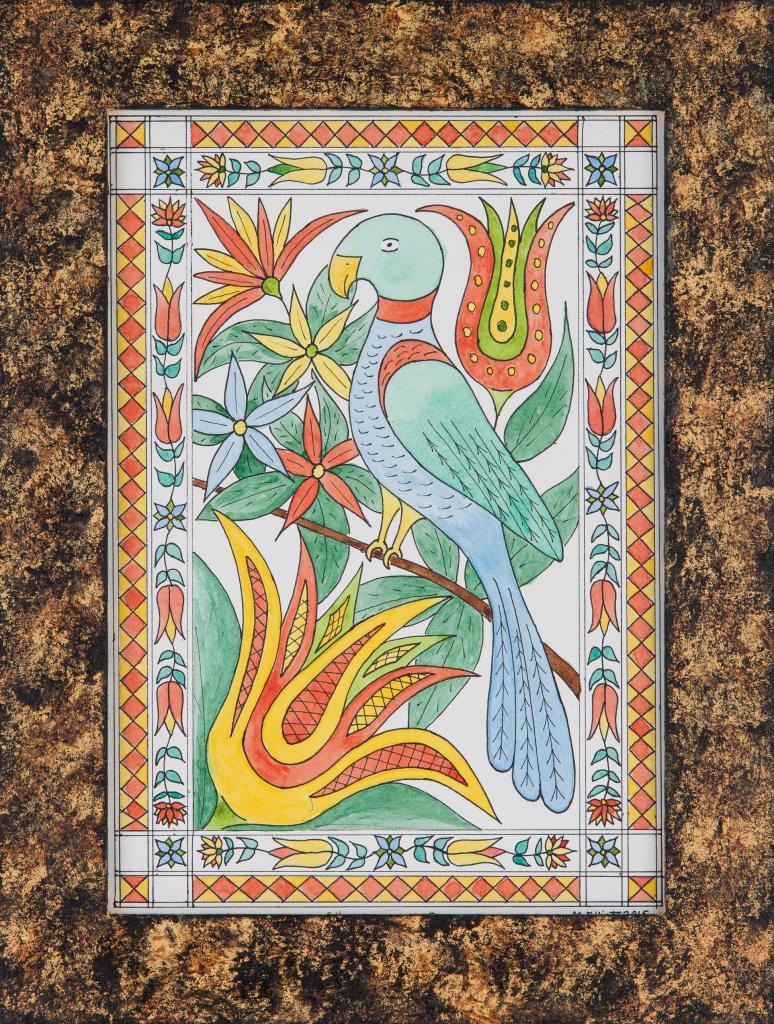 Purely decorative contemporary fraktur water color of a green parot and a fireworks of flowers mounted in a hand painted frame.