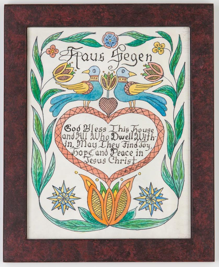 Hand lettered and hand colored Haus Segen using Design 2 in a Faux Painted Frame