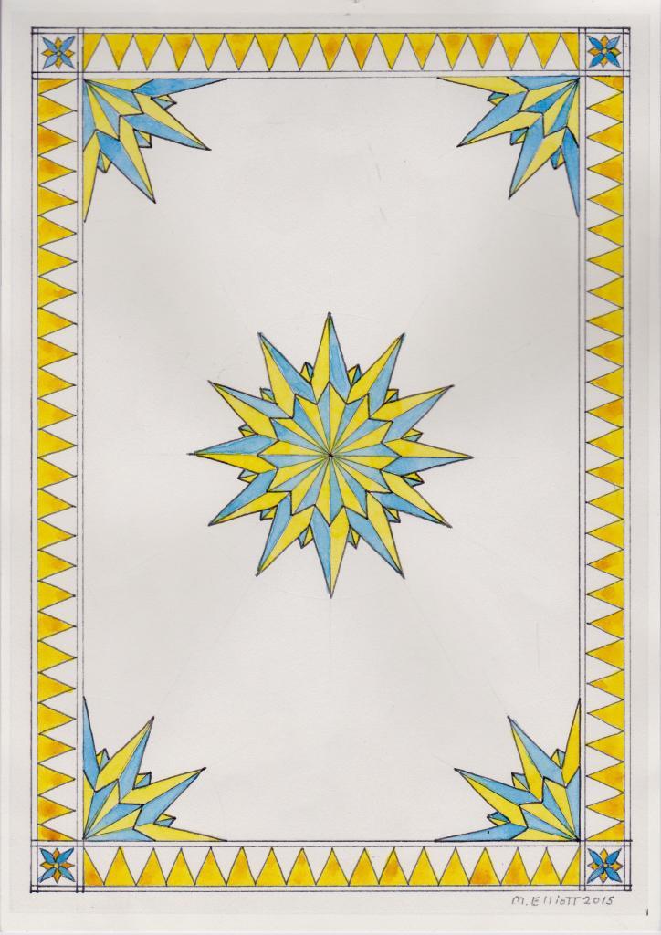 Contemporary fraktur water color painting of yellow and blue 12 point star design