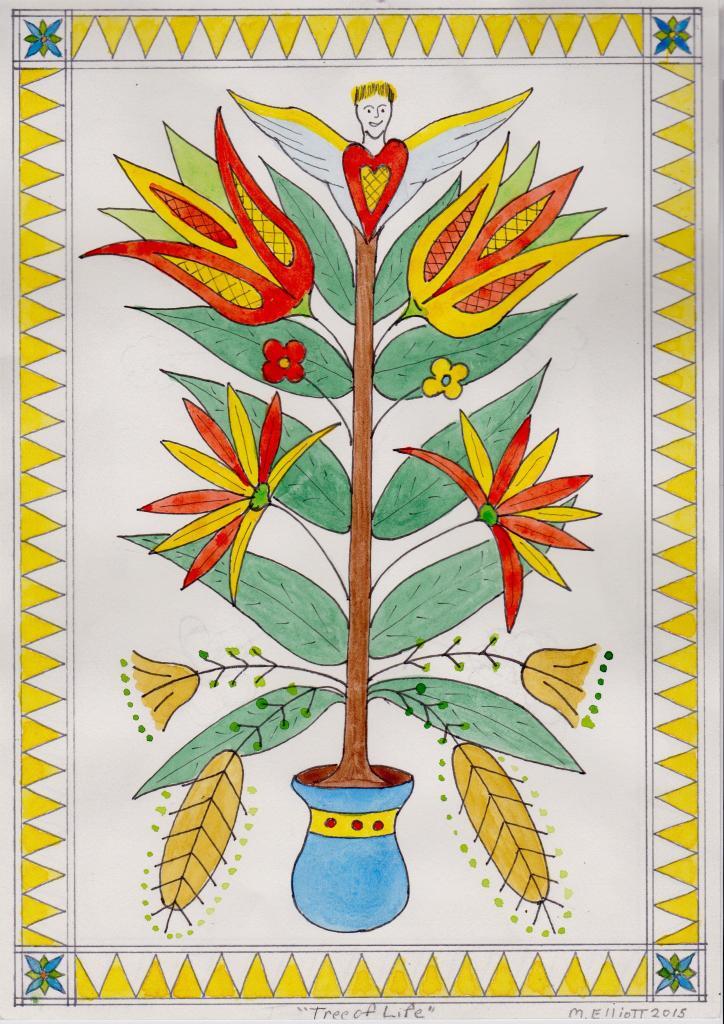 contempoary fraktur water color of spiritual tree of life with wheat, thistles, flowers, and an angel