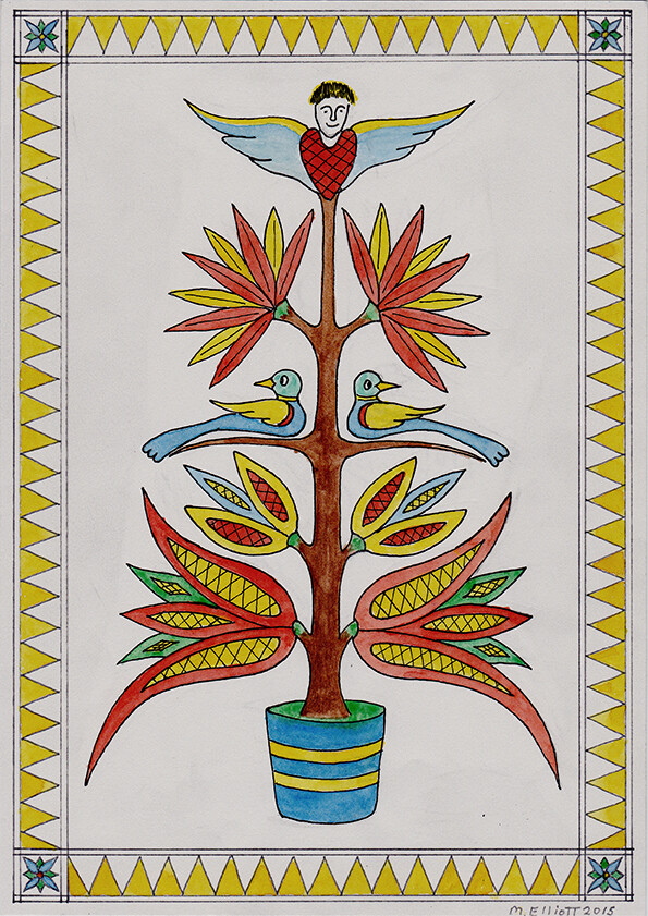 Contempoary fraktur watercolor painting of a frakture Christmas tree.