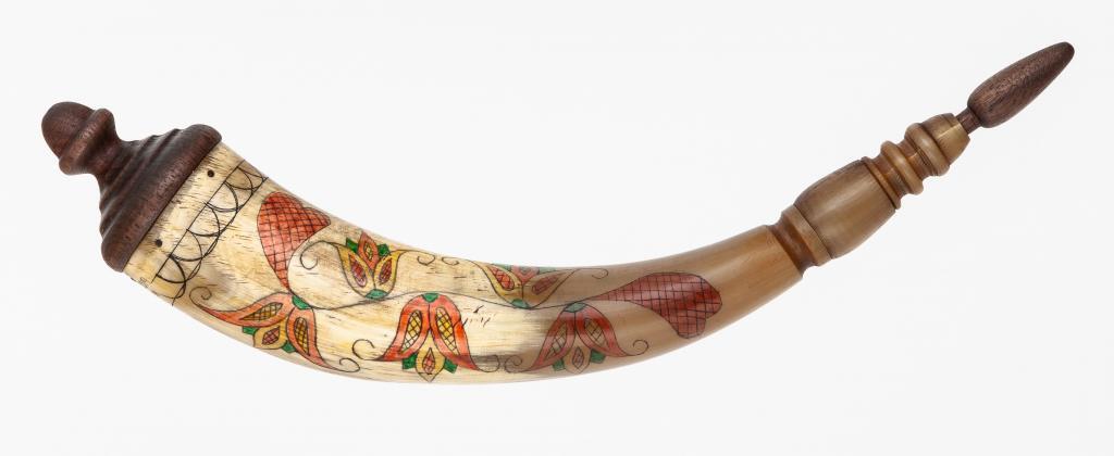 Virginia Acorn Finial Powder Horn with Color Fraktur