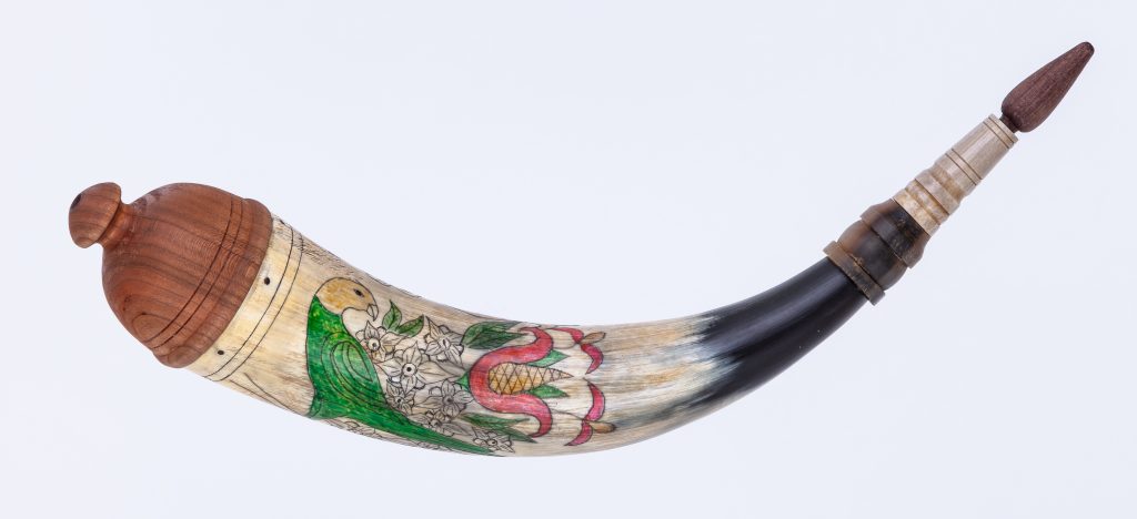 Horn #44 - An applied-tip powder horn with color fraktur engraving of a Carolina parakeet and a Northern Cardinal- Outside
