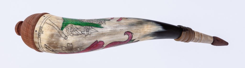 Horn #44 - An applied-tip powder horn with color fraktur engraving of a Carolina parakeet and a Northern Cardinal- Bottom