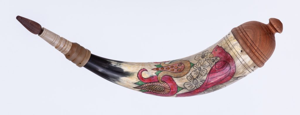 Horn #44 - An applied-tip powder horn with color fraktur engraving of a Carolina parakeet and a Northern Cardinal- Inside