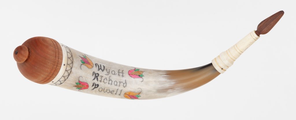 Horn #49 - An applied-tip powder horn with color fraktur engraving of the owners name, flowers, and a heart - Outside