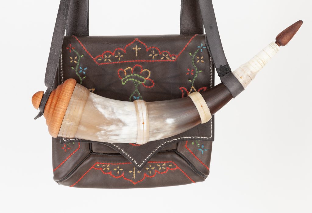 Pouch 48/ Horn 56 - Embroidered Diary Case/Shot Pouch with a small southern banded powder horn.