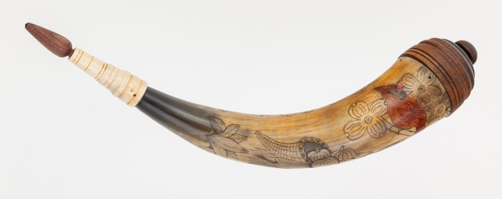 Horn #57 - Early VA Powder Horn with Color Scrimshaw showing a female Cardinal and a cornucopia.